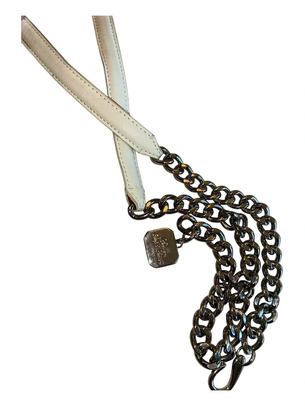 Lauren Ralph Lauren Belt Women S, White Leather Strap, Polished Silver Chain euc